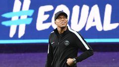 Paris Saint-Germain (PSG) player Kylian Mbappe walks on the pitch, at the Constant Vanden Stock Stadium in Brussels, on October 17, 2017 during a training sesssion on the eve of the UEFA Champions League Group B football match between Anderlecht and Paris