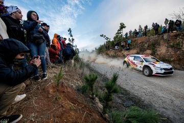 Bolivian Marco Bulacia driver steers his Skoda with his co-driver Argentine Fabian Cretu  during the SS12 of the WRC Chile 2019 near Pelun, Chile on May 11, 2019. (Photo by MARTIN BERNETTI / AFP)