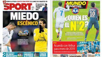Portadas de los diarios Sport y Mundo Deportivo del d&iacute;a 14 de febrero de 2018.