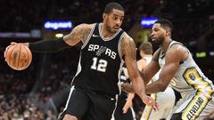Feb 25, 2018; Cleveland, OH, USA; San Antonio Spurs forward LaMarcus Aldridge (12) drives to the basket against Cleveland Cavaliers center Tristan Thompson (13) during the second half at Quicken Loans Arena. Mandatory Credit: Ken Blaze-USA TODAY Sports