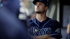 Aug 2, 2023; Bronx, New York, USA; Tampa Bay Rays starting pitcher Shane McClanahan (18) reacts in the dugout during the fourth inning against the New York Yankees at Yankee Stadium. Mandatory Credit: Brad Penner-USA TODAY Sports
