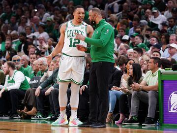 Boston Celtics center Al Horford (42) talks with head coach Ime Udoka during Game 4 of the 2022 NBA Finals.
