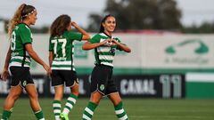 Brenda Pérez celebra un gol con el Sporting (@FutfemSCP)