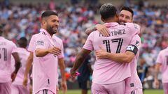 CHESTER, PENNSYLVANIA - AUGUST 15: Josef Mart�nez #17 of Inter Miami CF celebrates his goal with Lionel Messi #10 and Jordi Alba #18 in the first half during the Leagues Cup 2023 semifinals match between Inter Miami CF and Philadelphia Union at Subaru Park on August 15, 2023 in Chester, Pennsylvania.   Mitchell Leff/Getty Images/AFP (Photo by Mitchell Leff / GETTY IMAGES NORTH AMERICA / Getty Images via AFP)