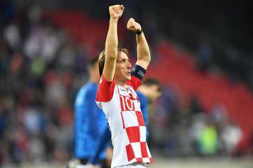 Croatia's captain Luka Modric celebrates after the UEFA Euro 2020 match against Slovakia and Croatia in Trnava.