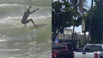 Andrew Sherlock Mills surfeando y su tabla de surf colgando de un &aacute;rbol en Jupiter, Florida, Estados Unidos. 