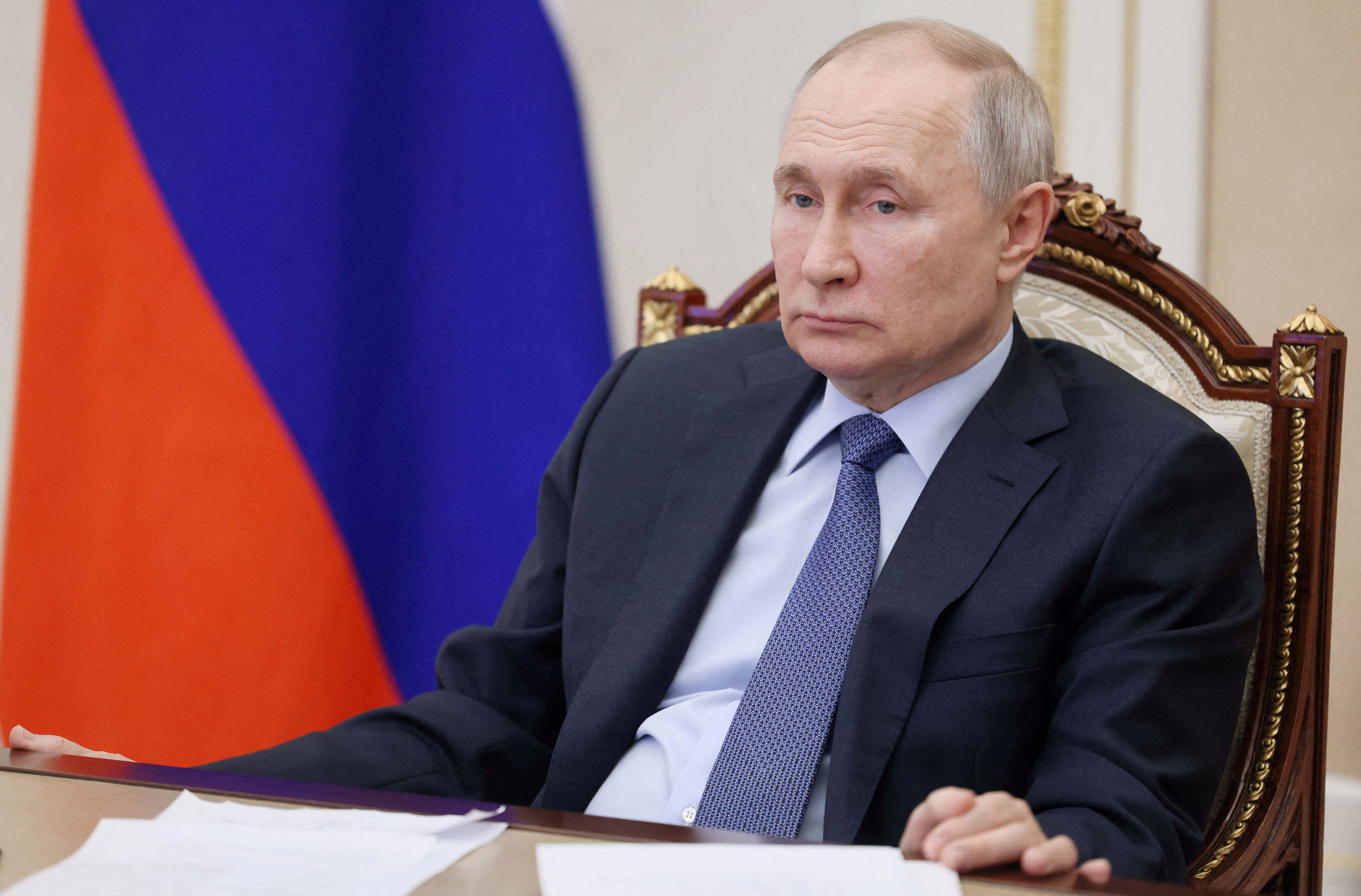 FILE PHOTO: Russian President Vladimir Putin chairs a meeting on the social and economic development of Crimea and Sevastopol, via videolink in Moscow, Russia March 17, 2023 Sputnik/Mikhail Metzel/Pool via REUTERS/File Photo ATTENTION EDITORS - THIS IMAGE WAS PROVIDED BY A THIRD PARTY