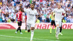 MADRID, SPAIN - SEPTEMBER 11: Rodrygo Goes of Real Madrid celebrates after scoring their team's third goal during the LaLiga Santander match between Real Madrid CF and RCD Mallorca at Estadio Santiago Bernabeu on September 11, 2022 in Madrid, Spain. (Photo by Angel Martinez/Getty Images)