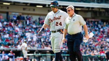 CLEVELAND, OH - APRIL 16: Miguel Cabrera #24 of the Detroit Tigers walks off the field after an apparent injury during the eighth inning against the Cleveland Indians at Progressive Field on April 16, 2017 in Cleveland, Ohio. The Tigers defeated the Indians 4-1.   Jason Miller/Getty Images/AFP == FOR NEWSPAPERS, INTERNET, TELCOS &amp; TELEVISION USE ONLY ==