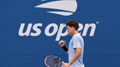 Aug 28, 2023; Flushing, NY, USA; Dominic Thiem of Austria reacts after winning a point against Alexander Bublik of Kazakhstan (not pictured) on day one of the 2023 US Open at the Billie Jean King National Tennis Center. Mandatory Credit: Geoff Burke-USA TODAY Sports