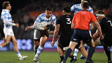 CHRISTCHURCH, NEW ZEALAND - AUGUST 27: Thomas Gallo of Argentina charges into the defence during The Rugby Championship match between the New Zealand All Blacks and Argentina Pumas at Orangetheory Stadium on August 27, 2022 in Christchurch, New Zealand. (Photo by Joe Allison/Getty Images)