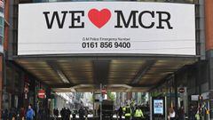 A sign saying &#039;We love Manchester&#039; is displayed above a street on May 23, 2017 in Manchester, England.  An explosion occurred at Manchester Arena as concert goers were leaving the venue after Ariana Grande had performed.