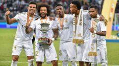 (From left to right) Casemiro, Marcelo, Vinicius J&uacute;nior, &Eacute;der Milit&atilde;o and Rodrygo Goes celebrate Real Madrid&#039;s Spanish Super Cup final win over Atl&eacute;tico Madrid on Sunday.