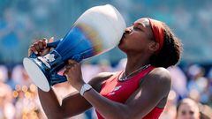Aug 20, 2023; Mason, OH, USA; Coco Gauff (USA) kisses the Rookwood Cup after the victory over Karolina Muchova (CZE) during the women’s singles final of the Western and Southern Open tennis tournament at Lindner Family Tennis Center. Mandatory Credit: Katie Stratman-USA TODAY Sports     TPX IMAGES OF THE DAY