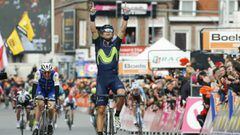 Liege (Belgium), 23/04/2017.- Spanish rider Alejandro Valverde of the Movistar Team celebrates while crossing the finish line to win the Liege-Bastogne-Liege cycling race in Liege, Belgium, 23 April 2017. (Lieja, B&eacute;lgica, Ciclismo) EFE/EPA/JULIEN W
