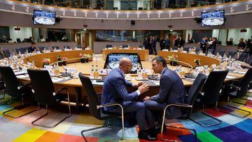 President of the European Council Charles Michel (L) speaks with Prime Minister of Spain Pedro Sanchez Perez-Castejon (R) during a working session of the EU-Western Balkans leaders' meeting in Brussels on June 23, 2022. - The European Union, which at a summit on June 23 and 24, 2022, will discuss whether to make Ukraine a membership candidate, has admitted over 15 countries in the past three decades. (Photo by Ludovic MARIN / AFP) (Photo by LUDOVIC MARIN/AFP via Getty Images)