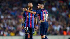 Jordi Alba of and Raphael Dias Belloli Raphina of FC Barcelona  during the La Liga match between FC Barcelona and Rayo Vallecano played at Spotify Camp Nou Stadium on August 13, 2022 in Barcelona, Spain. (Photo by Sergio Ruiz / Pressinphoto / Icon Sport)