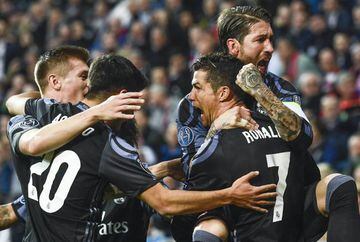 The Real Madrid players delight in Cristiano Ronaldo's goal against Bayern Munich.