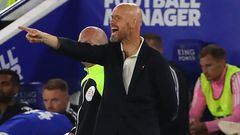 Manchester United's Dutch manager Erik ten Hag gestures on the touchline during the English Premier League football match between Leicester City and Manchester United at King Power Stadium in Leicester, central England on September 1, 2022. (Photo by Geoff Caddick / AFP) / RESTRICTED TO EDITORIAL USE. No use with unauthorized audio, video, data, fixture lists, club/league logos or 'live' services. Online in-match use limited to 120 images. An additional 40 images may be used in extra time. No video emulation. Social media in-match use limited to 120 images. An additional 40 images may be used in extra time. No use in betting publications, games or single club/league/player publications. / 