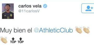 El tuit que escribió ayer Carlos Vela durante el juego entre el Athletic de Bilbao y el Barcelona que lo hizo objeto de críticas e insultos de parte de la afición de su equipo, la Real Sociedad.