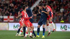 Almeria's Spanish midfielder #03 Edgar Gonzalez (R) and Atletico Madrid's Spanish forward #19 Alvaro Morata (R) vie for a header during the Spanish league football match between UD Almeria and Club Atletico de Madrid at the Municipal Stadium of the Mediterranean Games in Almeria on February 24, 2024. (Photo by JORGE GUERRERO / AFP)