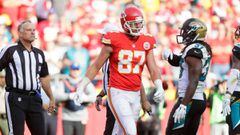 KANSAS CITY, MO - NOVEMBER 6: Tight end Travis Kelce #87 of the Kansas City Chiefs walks aways after being ejected from the game by the field judge after arguing a non call for pass interference against the Jacksonville Jaguars in the end zone at Arrowhead Stadium during the fourth quarter of the game on November 6, 2016 in Kansas City, Missouri.   Peter Aiken/Getty Images/AFP == FOR NEWSPAPERS, INTERNET, TELCOS &amp; TELEVISION USE ONLY ==