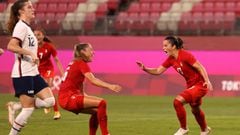 KASHIMA, JAPAN - AUGUST 02: Jessie Fleming #17 of Team Canada celebrates after scoring their side&#039;s first goal during the Women&#039;s Semi-Final match between USA and Canada on day ten of the Tokyo Olympic Games at Kashima Stadium on August 02, 2021