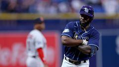 ST PETERSBURG, FLORIDA - APRIL 12: Randy Arozarena #56 of the Tampa Bay Rays celebrates after hitting a three run home run in the first inning during a game against the Boston Red Sox at Tropicana Field on April 12, 2023 in St Petersburg, Florida.   Mike Ehrmann/Getty Images/AFP (Photo by Mike Ehrmann / GETTY IMAGES NORTH AMERICA / Getty Images via AFP)