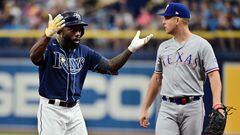 ST PETERSBURG, FLORIDA - OCTOBER 04: Randy Arozarena #56 of the Tampa Bay Rays reacts after hitting a single in the fourth inning against the Texas Rangers during Game Two of the Wild Card Series at Tropicana Field on October 04, 2023 in St Petersburg, Florida.   Julio Aguilar/Getty Images/AFP (Photo by Julio Aguilar / GETTY IMAGES NORTH AMERICA / Getty Images via AFP)