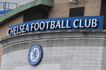 The Chelsea Football Club logo outside the Stamford Bridge ahead of the English Premier League 