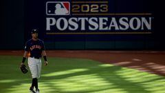 HOUSTON, TEXAS - OCTOBER 16: Michael Brantley #23 of the Houston Astros looks on from the outfield against the Texas Rangers during the second inning in Game Two of the American League Championship Series at Minute Maid Park on October 16, 2023 in Houston, Texas.   Rob Carr/Getty Images/AFP (Photo by Rob Carr / GETTY IMAGES NORTH AMERICA / Getty Images via AFP)