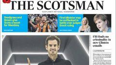 Portada de The Scotsman del 7 de noviembre de 2016 dedicada a Andy Murray tras su victoria ante John Isner en la final del Masters 1.000 de Par&iacute;s-Bercy y coronarse como n&uacute;mero 1 del mundo.
