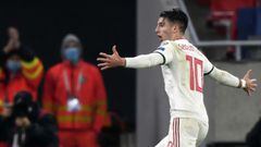 Hungary&#039;s midfielder Dominik Szoboszlai celebrates after scoring the team&#039;s second goal during the UEFA European Qualifiers play-off final football match between Hungary and Iceland at the Puskas Arena in Budapest on November 12, 2020. - Hungary
