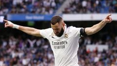 MADRID, SPAIN - MAY 24: Karim Benzema of Real Madrid celebrates after scoring the team's first goal during the LaLiga Santander match between Real Madrid CF and Rayo Vallecano at Estadio Santiago Bernabeu on May 24, 2023 in Madrid, Spain. (Photo by Florencia Tan Jun/Getty Images)