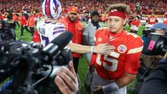 Patrick Mahomes #15 of the Kansas City Chiefs reacts with Josh Allen #17 of the Buffalo Bills after the game