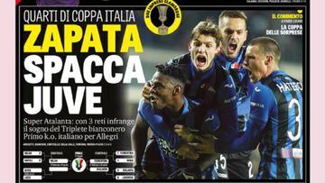 La portada de la Gazzetta dello Sport con la celebraci&oacute;n de un gol de Duv&aacute;n Zapata con Atalanta ante Juventus por Copa Italia.