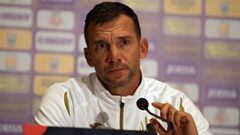 12 October 2020, Ukraine, Kiev: Ukraine head coach Andriy Shevchenko speaks during a press conference for the Ukrainian national team, ahead of Tuesday&#039;s UEFA&nbsp;Nations League soccer match against Spain. Photo: -/Ukrinform/dpa 12/10/2020 ONLY FOR