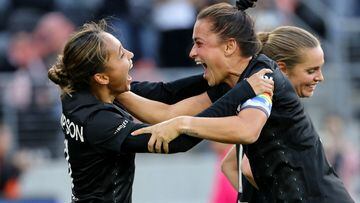 Mar 26, 2023; Los Angeles, California, USA; Angel City FC midfielder Alyssa Thompson (21) celebrates with defender Ali Riley (5) after scoring a goal against New Jersey/New York Gotham FC in her NWSL debut during the first half at BMO Stadium. Mandatory Credit: Kiyoshi Mio-USA TODAY Sports