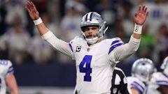 ARLINGTON, TEXAS - JANUARY 05: Dak Prescott #4 of the Dallas Cowboys gestures in the fourth quarter in a game against the Seattle Seahawks during the Wild Card Round at AT&amp;T Stadium on January 05, 2019 in Arlington, Texas.   Tom Pennington/Getty Images/AFP == FOR NEWSPAPERS, INTERNET, TELCOS &amp; TELEVISION USE ONLY ==