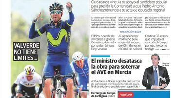 El diario murciano La Verdad dedic&oacute; su portada al quinto triunfo de Valverde en la Flecha Valona, el cuarto consecutivo.