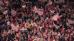 BILBAO, SPAIN - APRIL 04: A general view of Athletic Club fans showing their support from the stands prior to the Copa Del Rey Semi Final Second Leg match between Athletic Club and Osasuna at Estadio de San Mames on April 04, 2023 in Bilbao, Spain. (Photo by Juan Manuel Serrano Arce/Getty Images)