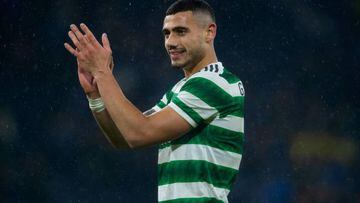 GLASGOW, SCOTLAND - JANUARY 14: Celtic's Giorgos Giakoumakis celebrates at full time during a Viaplay Cup Semi Final match between Celtic and Kilmarnock at Hampden Park, on January 14, 2023, in Glasgow, Scotland. (Photo by Craig Foy/SNS Group via Getty Images)
