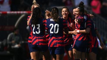 Feb 20, 2022; Carson, California, USA; United States players celebrate after an own goal by New Zealand during the first half in a 2022 SheBelieves Cup international soccer match at Dignity Health Sports Park. Mandatory Credit: Orlando Ramirez-USA TODAY S
