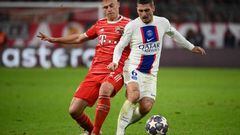 Paris Saint-Germain's Italian midfielder Marco Verratti (R) is fouled by Bayern Munich's German midfielder Joshua Kimmich during the UEFA Champions League round of 16, 2nd-leg football match FC Bayern Munich v Paris Saint-Germain FC in Munich, southern Germany, on March 8, 2023. (Photo by FRANCK FIFE / AFP) (Photo by FRANCK FIFE/AFP via Getty Images)