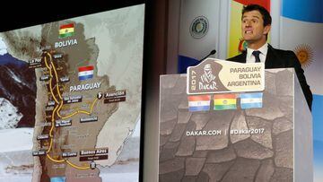 Marc Coma, race director of the Dakar rally delivers a speech during a news conference to announce the 2017 Paraguay-Bolivia-Argentina Dakar rally in Paris, France, November 23, 2016. REUTERS/Jacky Naegelen