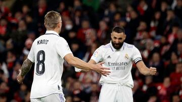 Two fabulous strikes from the experienced Karim Benzema and Toni Kroos killed off the brave Leones of Bilbao and closing the gap with Barcelona at the summit.