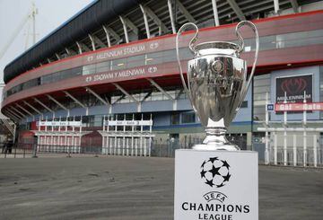 General view of the UEFA Champions League trophy outside the Millennium Stadium which will host the final in 2017
