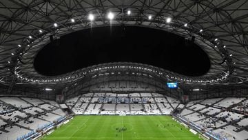 (FILES) This file photo taken on October 20, 2019 shows the Velodrome Stadium prior to the French L1 football match between Olympique de Marseille (OM) and Racing Club de Strasbourg Alsace (RCS) in Marseille, southern France. - France&#039;s stadiums and 