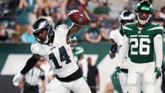 Kenneth Gainwell #14 of the Philadelphia Eagles spikes the ball after scoring a touchdown during the first quarter of a preseason game against the New York Jets August 27.
