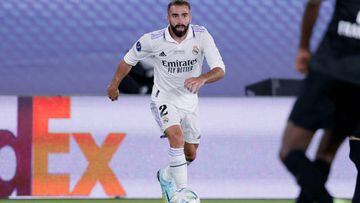 HELSINKI, FINLAND - AUGUST 10: Dani Carvajal of Real Madrid  during the UEFA Super Cup   match between Real Madrid v Eintracht Frankfurt at the Olympic Stadium Helsinki on August 10, 2022 in Helsinki Finland (Photo by David S. Bustamante/Soccrates/Getty Images)